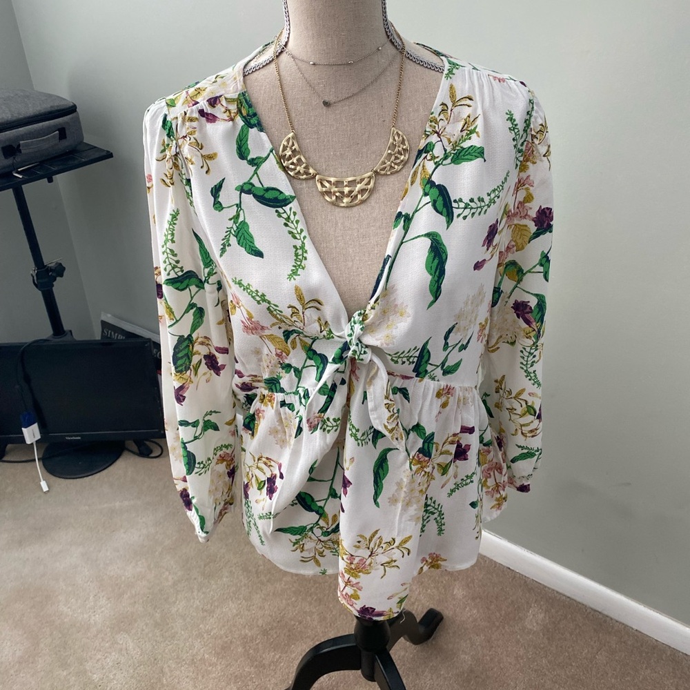 Lucky Brand Floral V-Neck Blouse - White and Green